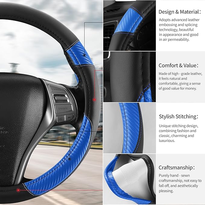 Non-Slip Car Nappa Leather Steering Wheel Cover,Universal Car Accessories Women Men Fit 14" 1/2-15" Suvs/Vans/Sedans/Cars/Trucks,Blue