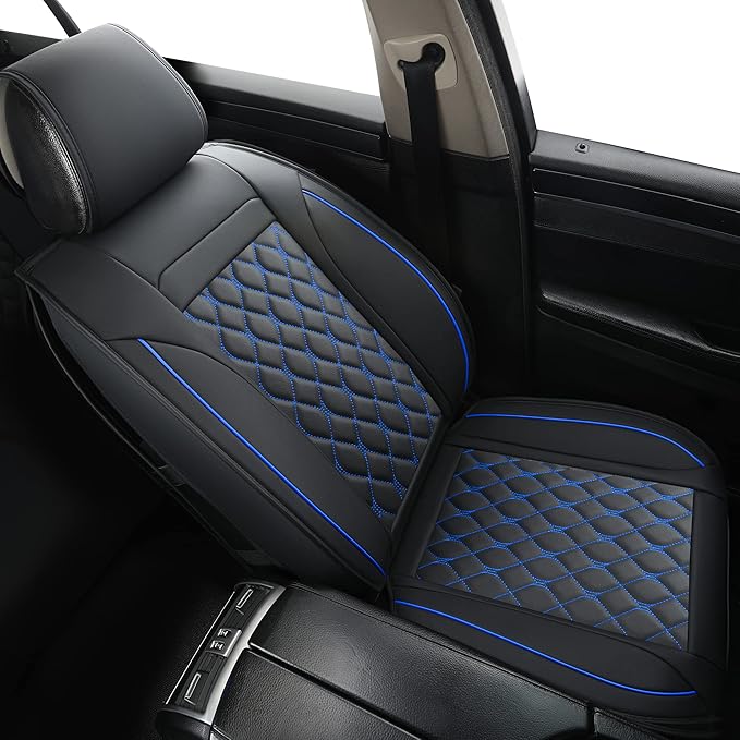Car Seat Covers Front Pair,Universal Fit for Most Cars,SUV,Sedans and Pick-up Trucks,Automotive Faux Leather Vehicle Cushion Covers(Front Pair,Black/Blue)