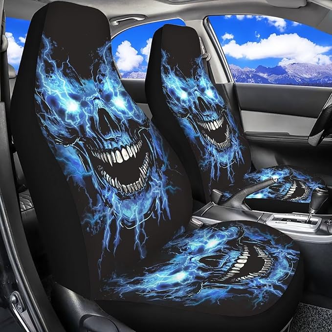 Blue Flame Skull Car Front Seat Covers Soft Car Seat Cover Easy Installation Breathable Front Seat Cover Protection Interior Accessories Universal for Auto Truck Van SUV 2 Pcs