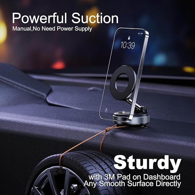 Magnetic Phone Holder for Car,Vacuum Suction Cup Phone Mount,Magsafe Car Mount for iPhone, No Need Charge,Folding Holder for iPhone and Android