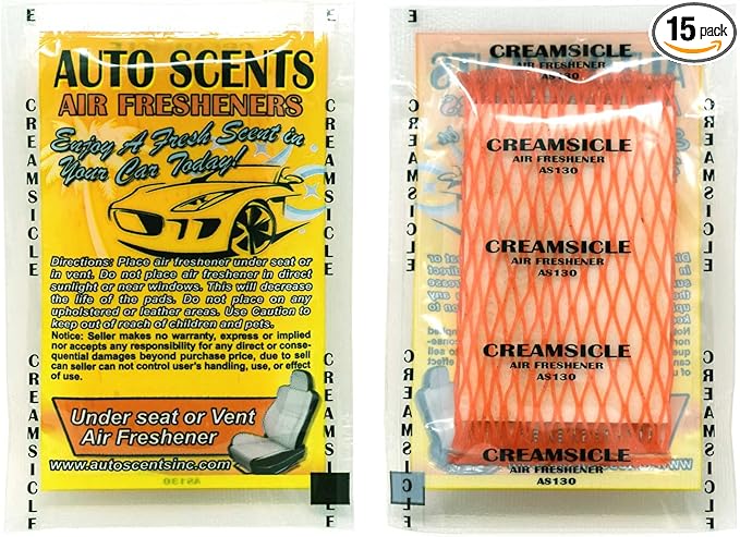 Individually Wrapped - Professional Car Air Freshener Pads - Remove Smells & Add Ambience (15 Per Pack) (Creamsicle)