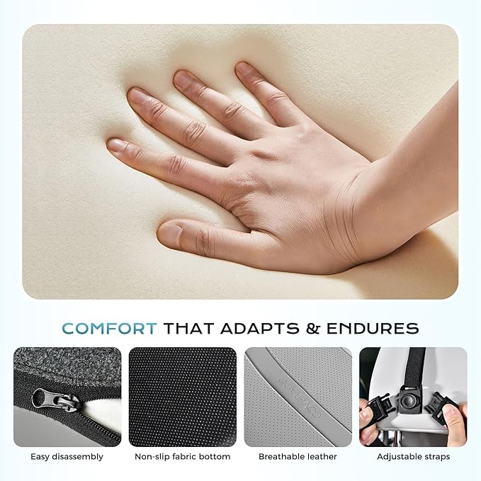 Coverado Upgraded Lumbar Support Pillow and Car Neck Pillow, Ergonomic Memory Foam Integrated Car Cushion Back Neck Support Pillow, Soft Leather Cushion Back Pain Relief for Car Seat Driving, Gray
