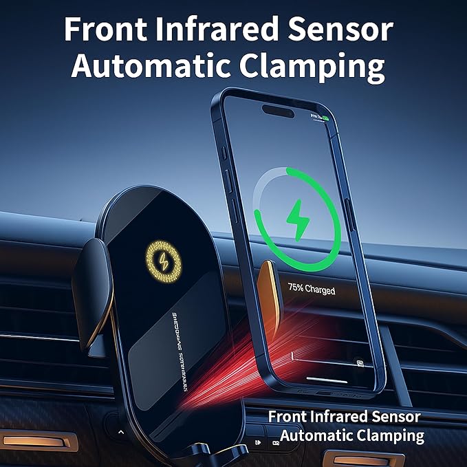 Car Vent Phone Holder - Wireless Fast Charging MagSafe Mount for iPhone and Android with Automatic Clamping, Built-in Battery and Sensors