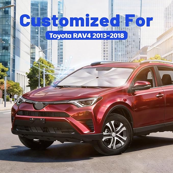 Car Windshield Sun Shade for Toyota RAV4 2013-2018 –[Reflective Coated Fabric] Sunshade Umbrella for Front Window, Car Shades Sun Visor Keep Car Cool and Protects Interior, 1:1 Exact Fit