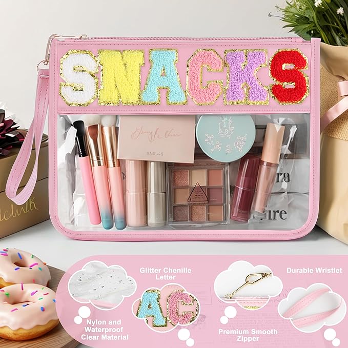 Snack Bag for Travel - Clear Chenille Varsity Letter Flat Pouch with Zipper, 12.2×8.46 inch Waterproof Clear Nylon Preppy Patch Makeup Cosmetic tote Bags for Women Girls