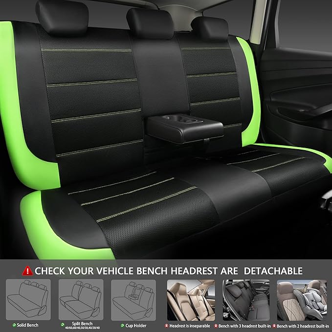 CAR PASS Luminous Green Leather seat Covers Universal Sport car seat Cover, 5mm Composite Sponge Inside, Airbag Compatible fits Most Cars, SUVs,Trucks,Vans (Full Set,Black with Green)