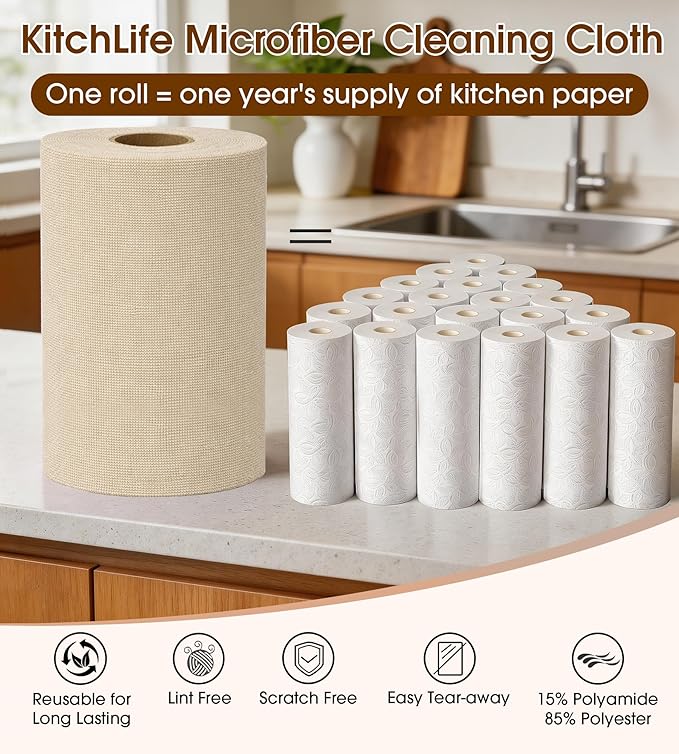 KitchLife Microfiber Cleaning Cloth Roll, 100 Pack - Tear-Away Microfiber Paper Towels, Lint-Free, Reusable, Washable for Kitchen, Car, Dishes, and Sensitive Surfaces (Sand Beige)