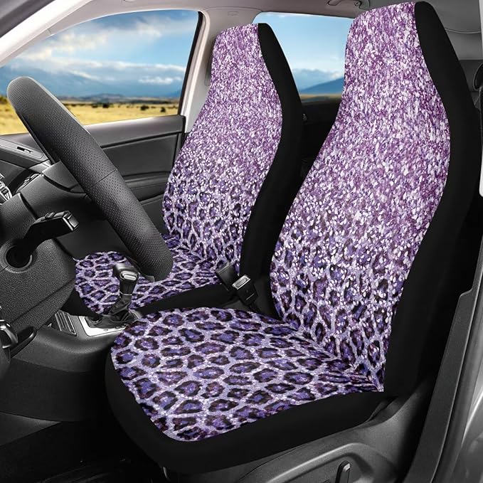 Gradient Purple Leopard Print Car Seat Cover, Design Car Seat Covers Protector, Set of 2 for Front Seats