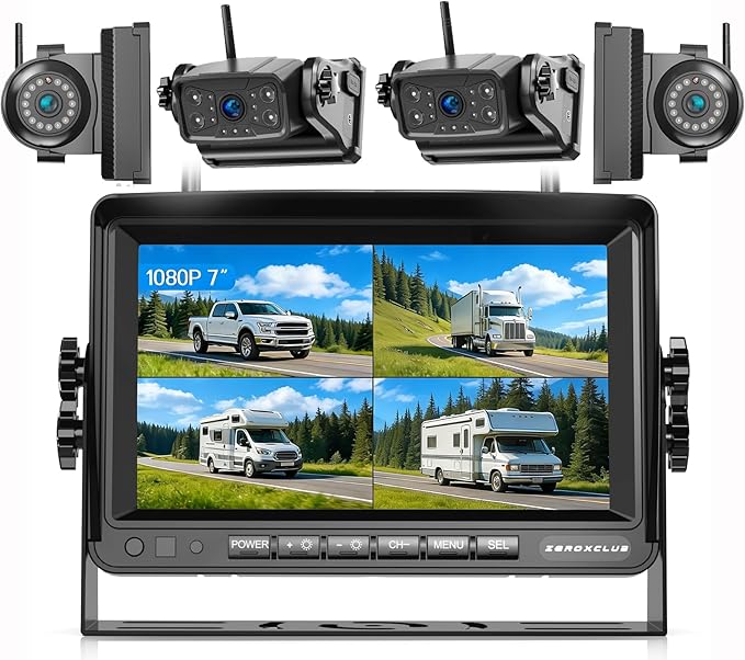 ZEROXCLUB Magnetic Wireless Backup Camera: 7" HD 1080P DVR Monitor with 2 Rear View, 2 Side View Cameras, IR Night Vision, Portable Rechargeable Camera for RV/Trailer/5 Wheels/Camper BC704