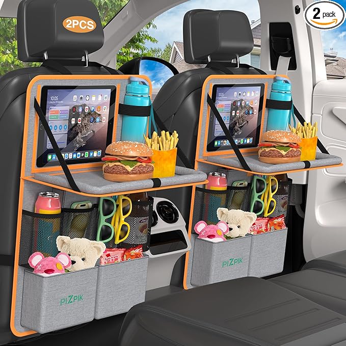 Plzpik Car Backseat Organizer with Tablet Holder,11 Storage Pockets with Foldable Food Tray, Protector Kick Mats for Kids, Travel Accessories Organizer (Orange, 2Pack with Food Tray)