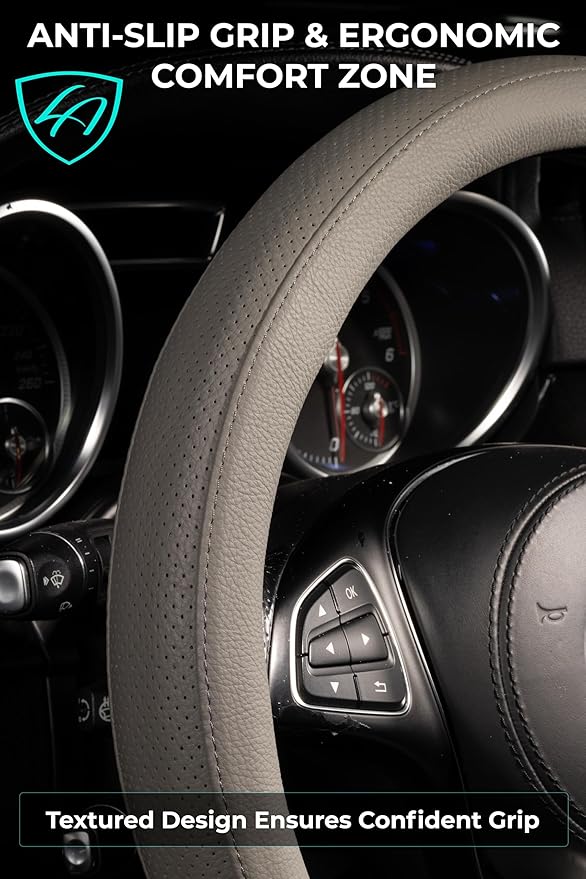 Lord Autofashion Steering Wheel Cover – PU Leather, Non-Slip Rubber Inner, All-Season Comfort – 14.5–15 Inch (Grey 8397)