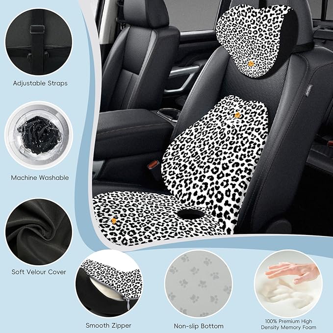 NS YOLO Ergonomic Car Seat Cushion with Comfort Memory Foam Neck Pillow, Car Pillow,Lumbar Support and Big Size Soft Seat Cushion for Driving Seat,Office Chair and Wheel Chair (Leopard Print-3 pcs)