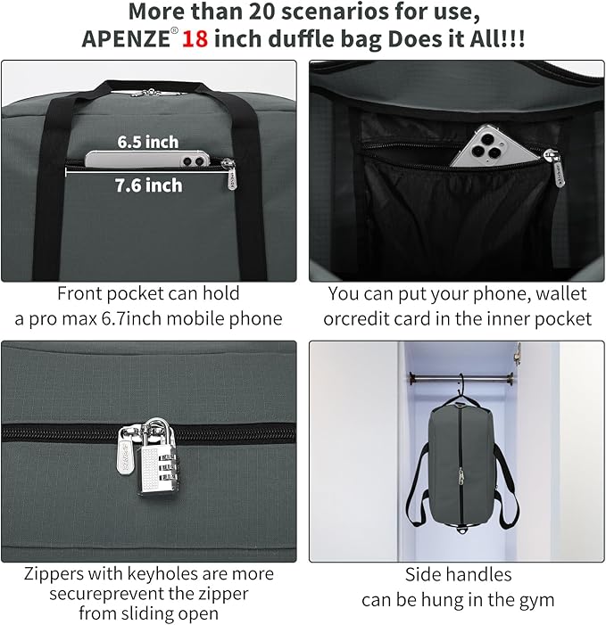 Small Gym Bag 18 inch Carry On Duffel Bag for Weekender Travel - Dark Grey