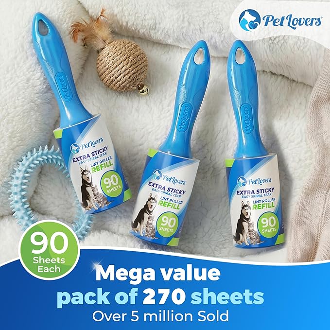 PetLovers Extra Sticky Lint Roller Value Set 270 Sheets for Pet Hair Removal and Clothes, Dog and Cat Lint Remover, 3 Pack