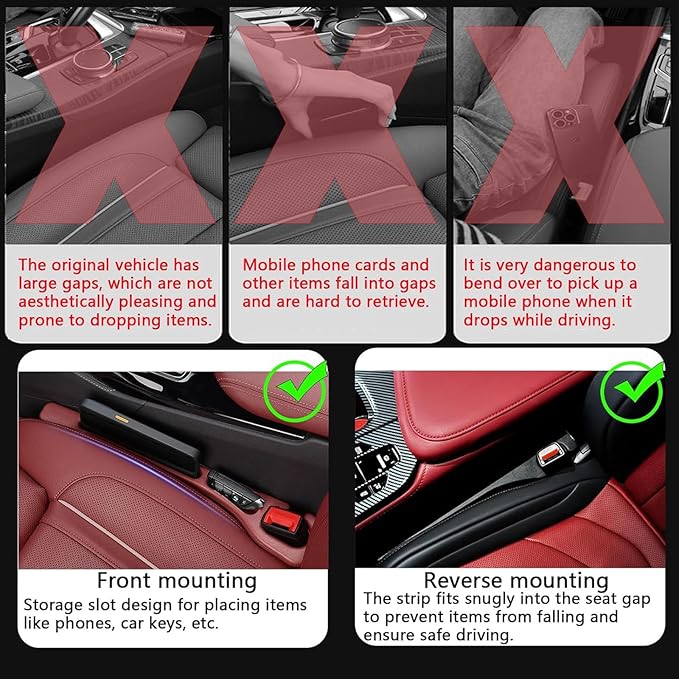 Car Seat Gap Filler Organizer of 2 - No Drop Seat Guard, Universal Car Seat Gap Filler, Durable Non-Slip Material, Easy 10-Second Install for Cars, Trucks & SUV(Red)