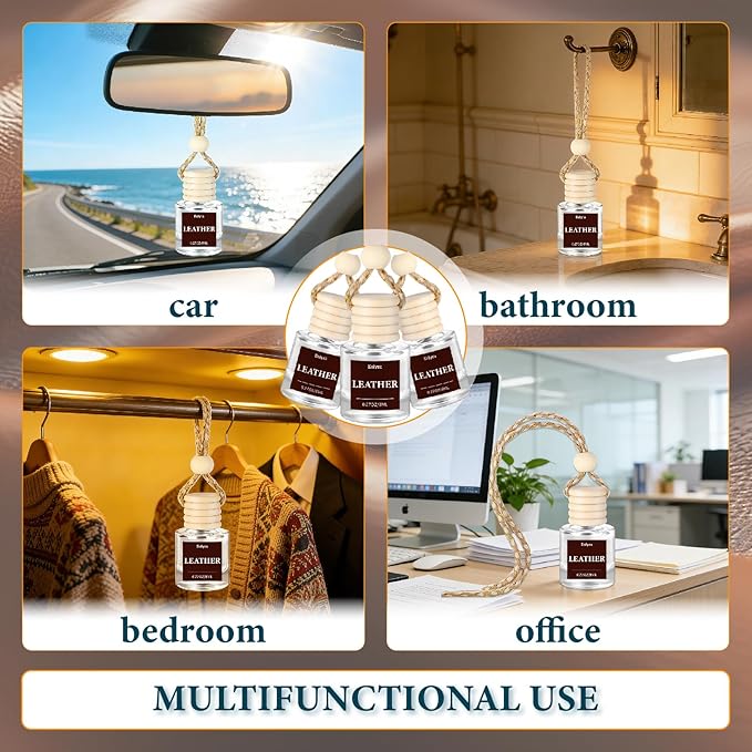 Hanging Car Air Freshener (Pack of 3) : Luxury Car Perfume for Women Men | Cute & Wooden Lid Reusable Bottle with 45+ Days Long-Lasting Scent for Auto Interio, Leather