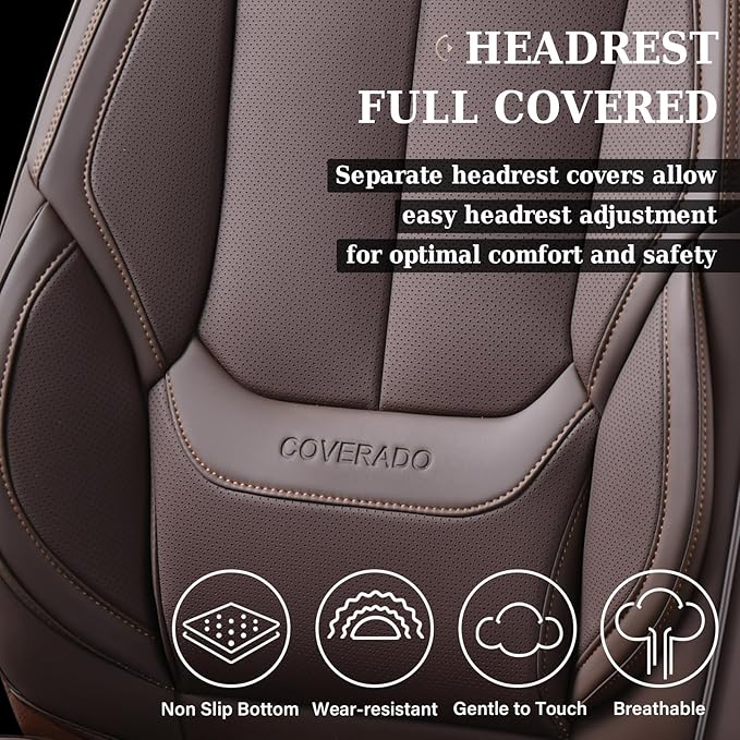 Coverado Universal Seat Covers Front, Universal Seat Covers for Cars, 2-Pack Waterproof Nappa Leather Car Seat Covers with Head Pillow, Auto Protectors Fit for Most Sedans SUV Pick-up Truck-Brown