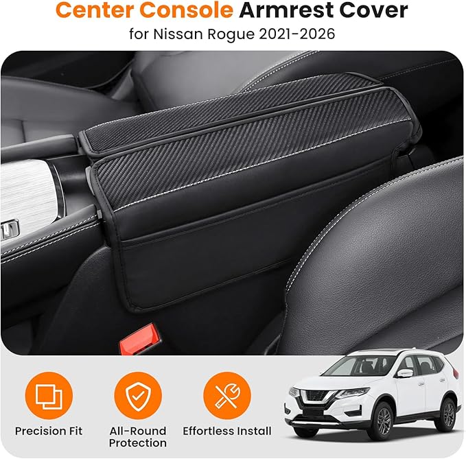 Center Console Armrest Cover for Nissan Rogue 2021-2026, Middle Console Pad Lid Cover Protector Elbow Arm Rest with Side Pockets, Rogue Interior Accessories, PU Leather (Carbon Fiber Pattern)