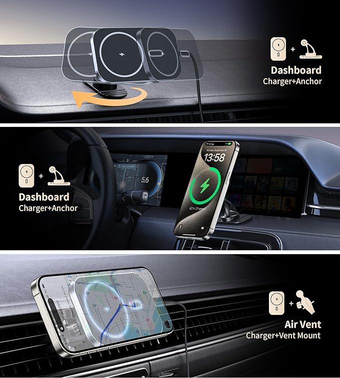 for MagSafe Car Mount Charger, 360° Rotation Magnetic Wireless Charger for Car Vent/Dashboard, Supports Fast Charging, Compatible with iPhone 17/16/15/14/13/12 Series, 𝗡𝗢 𝗔𝗱𝗮𝗽𝘁𝗲𝗿