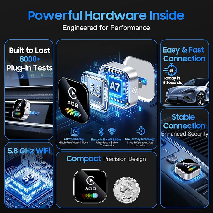 4-in-1 Wireless CarPlay & Android Auto Dongle, 5-Second Auto Connect, Low Latency Screen Mirroring.Convert Wired to Wireless for Car,USB A/C (Silver)