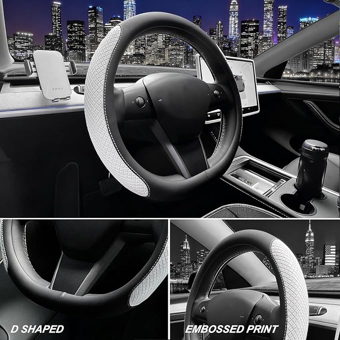 SEG Direct Flat Bottom Steering Wheel Cover, D Shaped Car Wheel Cover 14-14 1/4 in. (35.5-36 cm), for Tesla Model 3 / Y, for Camaro, Black White Embossed Microfiber Leather