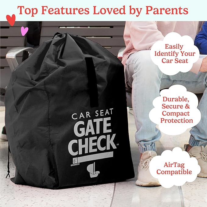 J.L. Childress Gate Check Travel Bag for Car Seats - Car Seat Travel Bag for Airplane, Fits All Baby & Infant Carriers, Airport Accessories for Gate Check, Flying Essentials, AirTag Compatible - Black