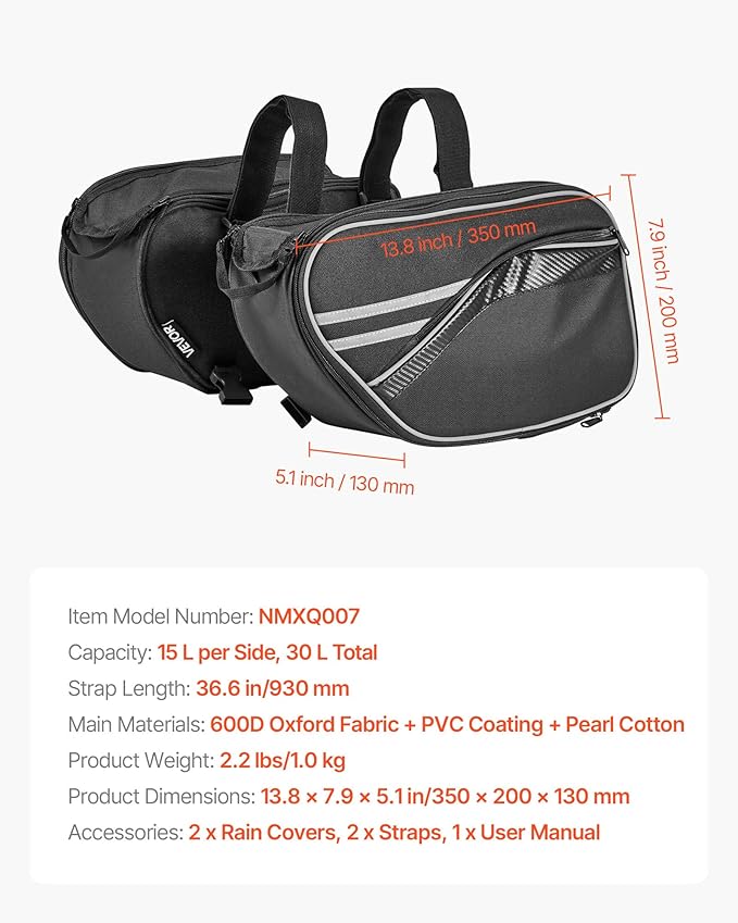 VEVOR Motorcycle Saddlebags, 30L (15L x 2) Large Capacity Saddle Bag Compatible with Grom (2022-2025), Navi, Z125 and Most Motorcycles, Sport Motorbike Side Bag with Waterproof Rain Cover and Straps