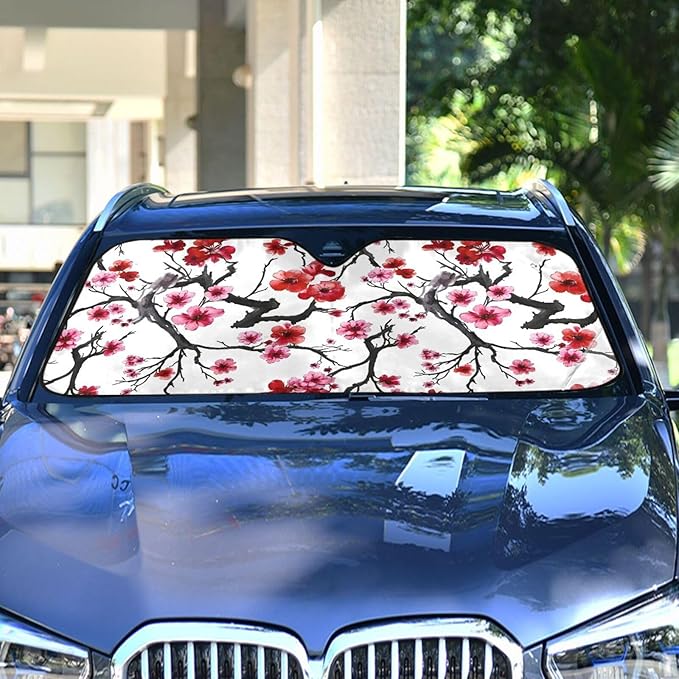 Pink Cherry Blossom Windshield Sun Shade Blocks UV Rays Visor Protector Accordion Folding Sun Reflector Auto Sunshade for Car Truck SUV to Keep Your Vehicle Cool