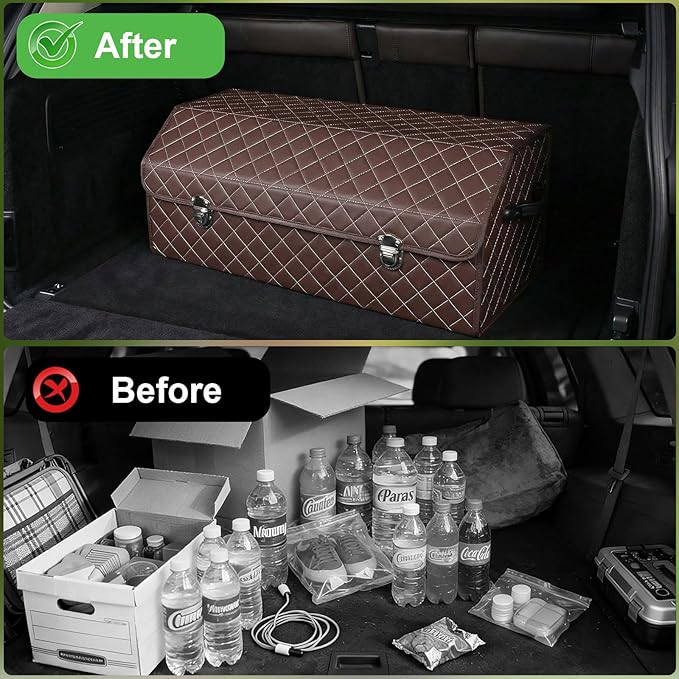 Trunk Organizer with Lid for Car Foldable Storage Box Heavy Duty PU Leather Cargo Organizer for SUV Sedan Waterproof (Brown, Large)