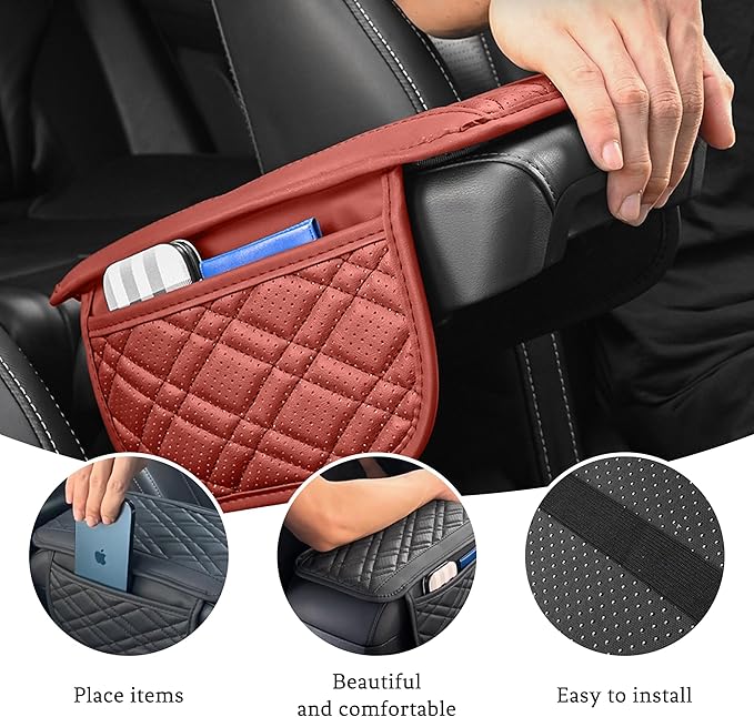 Car Center Console Cover, Leather Vehicle Arm Rest Cushion with 2 Storage Bags, Automotive Armrest Interior Seat Box Pad Accessories, Universal for SUV, Sedan, Truck (Red)