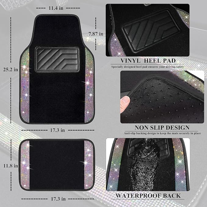 CAR PASS Iridescent Bling Rhinestones Diamond Car Floor Mats Waterproof, Anti-Slip PVC Heel Pad, Universal for Automotive SUV,Sedan,Van,4pcs Girl Women Lady Sparkly Shining Multicolor Colorful Crystal