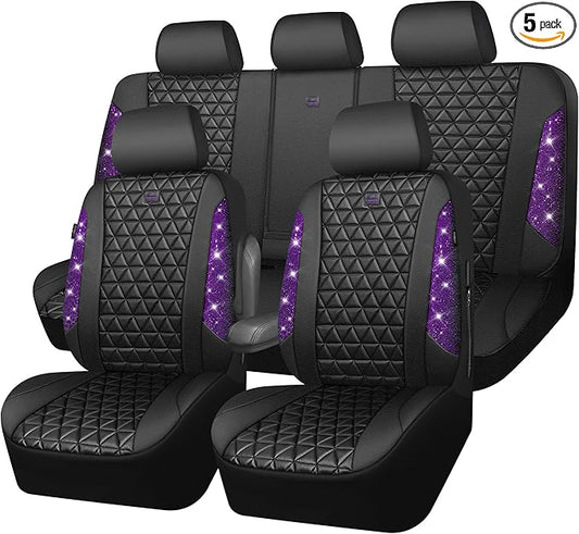 CAR PASS Bling Diamond Leather Car Seat Covers Full Seats Interior Sets, Waterproof Shining Glitter Sparkly Crystal Universal Armrest Fit Automotive Truck SUV Cute Women Girl, Black Purple Rhinestone