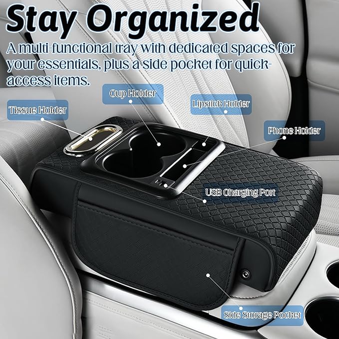 Car Armrest Box Mat - Multi-Functional Black Leather Center Console Cover Waterproof Height Enhancement Cushion with Storage Box Cup Tissue Phone Holder Card Pocket for Car Interior Accessory