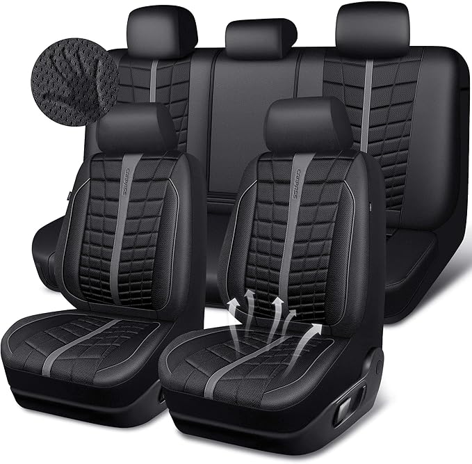 CAR PASS 3D Foam Mesh Leather Car Seat Covers Full Set, Breathable Premium Leather Seat Covers for Car,Anti Slip Universal Fit for Trucks Cars Sedans Vans SUVs, Airbag Compatible, Black Gray