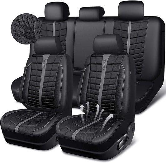 CAR PASS 3D Foam Mesh Leather Car Seat Covers Full Set, Breathable Premium Leather Seat Covers for Car,Anti Slip Universal Fit for Trucks Cars Sedans Vans SUVs, Airbag Compatible, Black Gray
