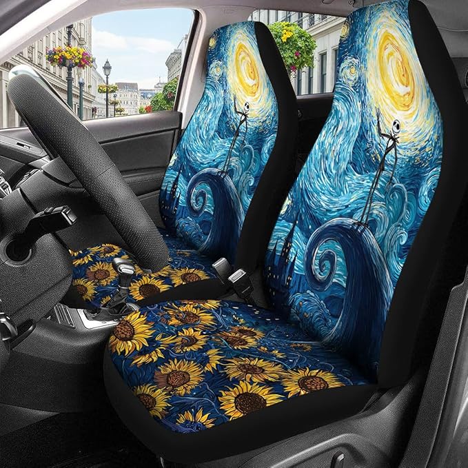 GENANY Nightmare Skeleton Car Seat Covers Set of 2, Starry Night Breathable Front Seat Covers for Truck Sedan SUV, Spooky Car Accessories, Spooky Gift for Women Men
