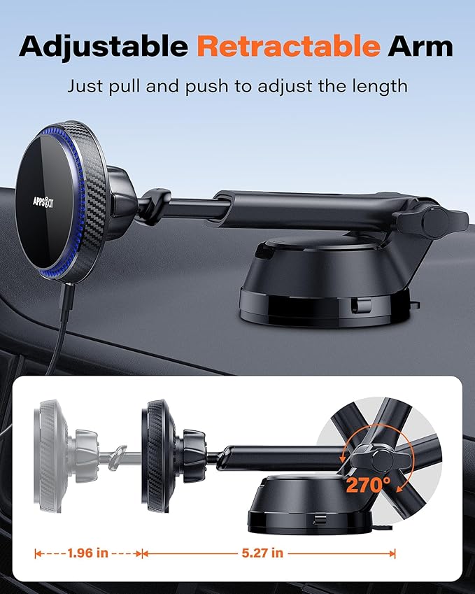 APPS2Car for 15W Car Mount Charger, for iPhone 16 Wireless Car Charger Magnetic Car Phone Holder Mount, Dashboard Windshield Vent for iPhone 16/15/14/13/12 Series, Compatible with MagSafe and Case