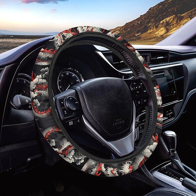 AFPANQZ Cool Dragon Print Car Steering Wheel Covers Sweat Anti-Slip Soft Grip Universal 14-15 inch Stretch-on Fabric Steering Wheel Soft Protector Steering Wheel Covers Car Accessories