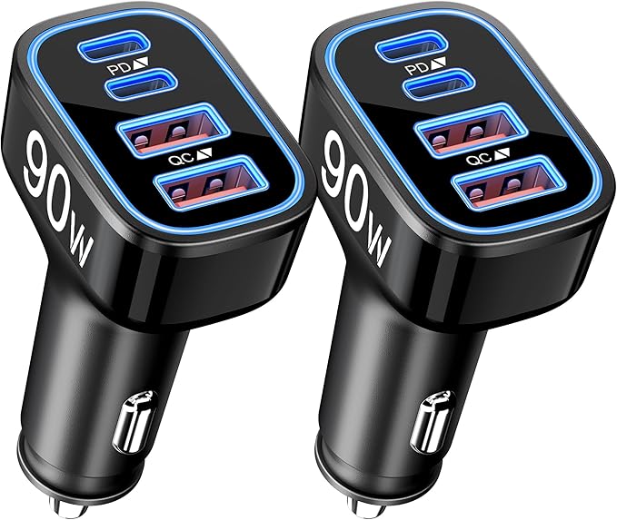 90W Fast Car Charger USB C, 2 Pack 4-Port Cigarette Lighter USB Charger Super Fast Charging, Multiport Car Phone Charger Accessories for iPhone 17/16/15/14/13/12 Pro Max, iPad, Galaxy, Tablet, Android