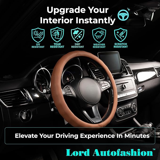 Lord Autofashion Steering Wheel Cover – PU Leather, Non-Slip Rubber Inner, All-Season Comfort – 14.5–15 Inch (Orange 8571)