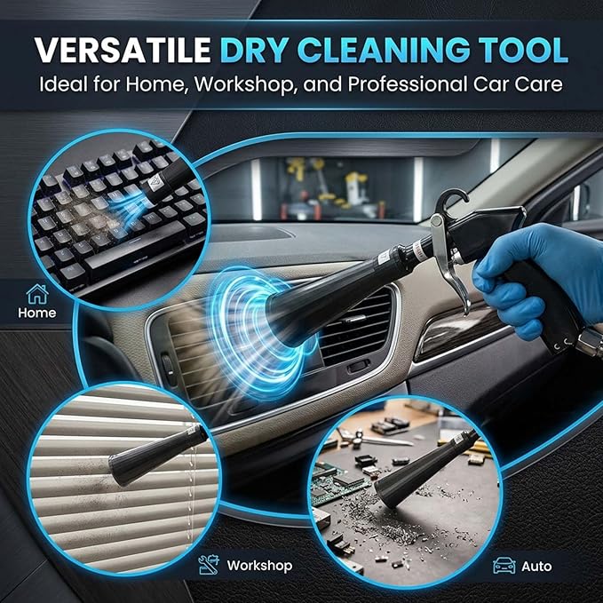 RAINPOT Saker Car Dry Cleaning Tool,60-160 PSI Compressed Air Tool for Auto Interior Cleaning, Pneumatic Duster Tool with Fine Nozzle for Vents, Crevices, and Dashboards (1 Set Nozzle)