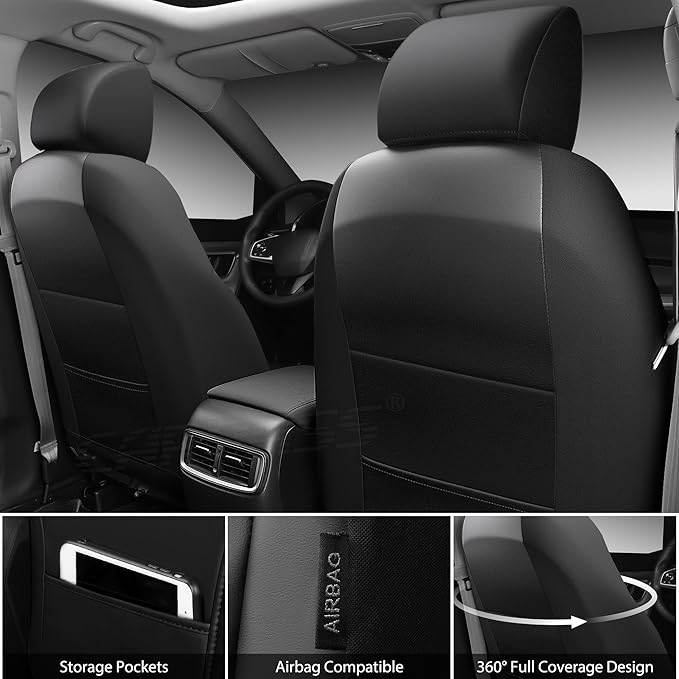 CAR PASS Nappa Leather Rav4 Front Seat Covers Custom Fit for Toyota Rav4 2019-2024, Camry 2018-2024, Corolla 2020-2025, Luxury Premium Anti-Slip Waterproof 2 Pack Seat Cover, Airbag Compatible Black