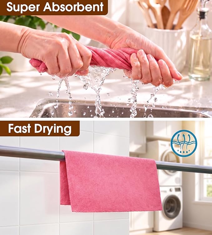 KitchLife Microfiber Cleaning Cloth Roll, 100 Pack - Tear-Away Microfiber Paper Towels, Lint-Free, Reusable, Washable for Kitchen, Car, Dishes, and Sensitive Surfaces (Pink)