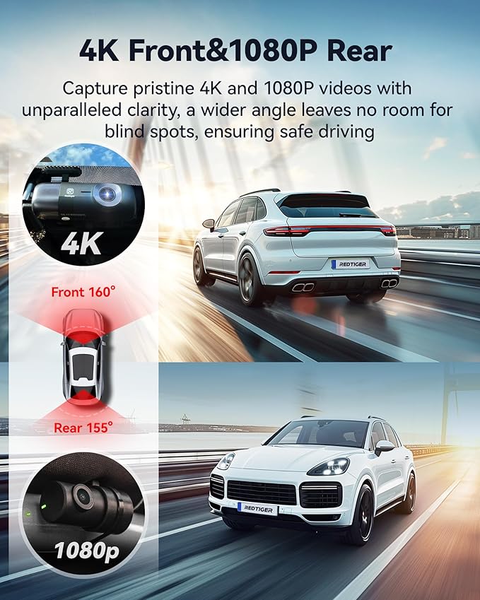 REDTIGER F9 Dash Cam 4K Front and Rear 1080P, WiFi GPS Car Camera with 32GB Card, Dual Dash Camera for Cars, Loop Recording, Night Vision, Parking Mode, Smart App Control, Support 256GB Max