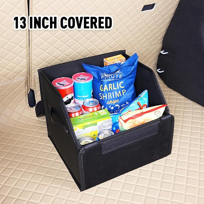car organizers and storage for SUV,trunk organizer for sedan, leather foldable sleek box with lid,collapsible cargo bins, tool accessories containers,Collapsible Suede velvet (13 inch Covered)