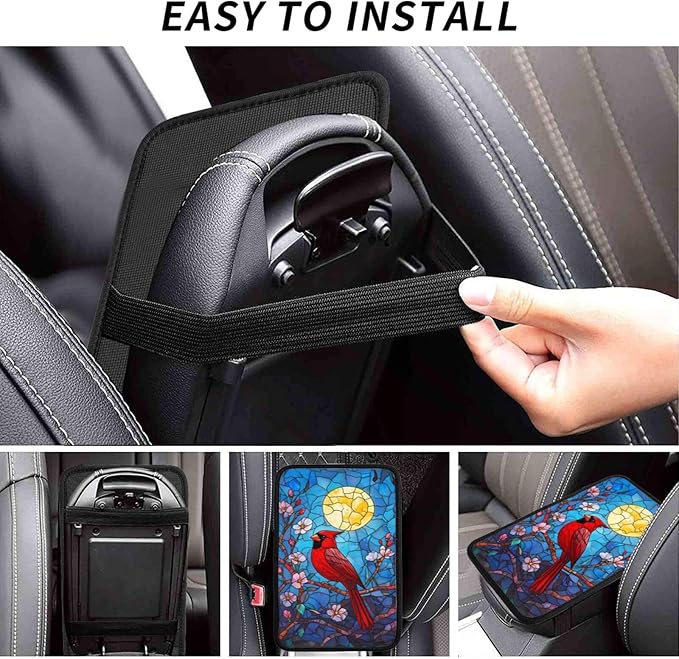 Universal Car Center Console Cushion Pad, Stained Glass Red Sparrow Soft Waterproof Car Center Console Cover Auto Armrest Seat Box Cover Protector for Most Vehicle SUV Truck Car