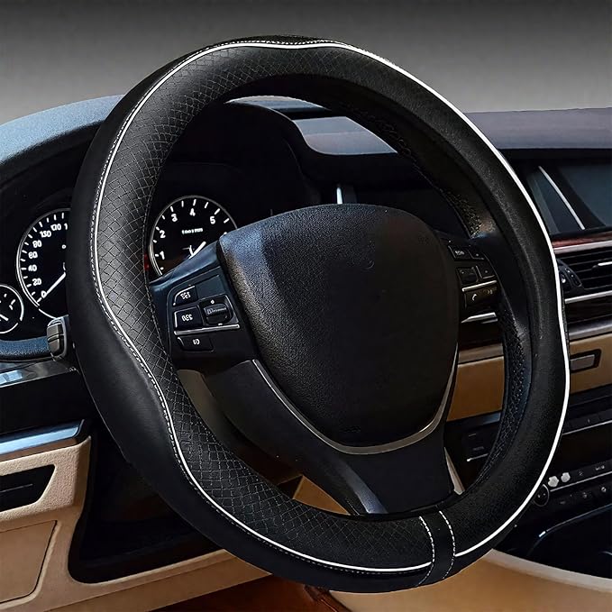 LABBYWAY Microfiber Leather Steering Wheel Cover, Universal 14.5-15 Inch Steering Wheel Anti Slip Car Interior Accessories for Men Women (Black with White Line)