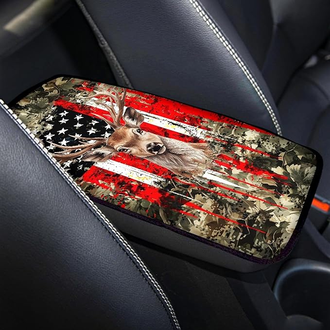 Hunting Deer Flag Print Car Center Console Cover,Universal Armrest Cover Pads for Most Vehicles,SUV