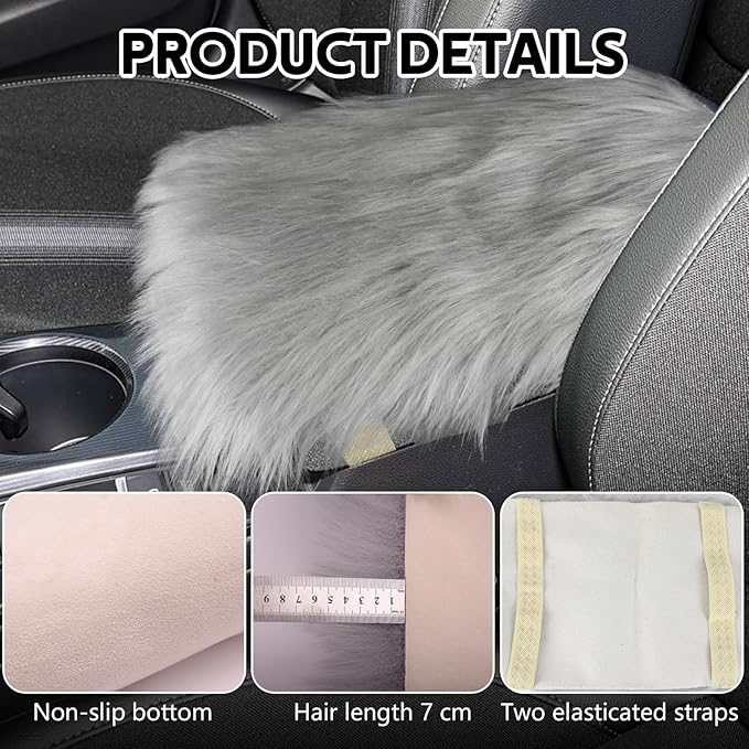 wuyaoyao Furry Car Armrest Cover, 12.1"×6.4" Soft Plush Car Center Console Cover, Winter Warm Fluffy Arm Rest Cover for Car, Auto Armrest Box Cover Protector, Universal Middle Console Pad (Gray)