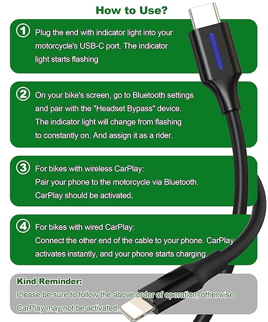 CarPlay Activator Cable for Motorcycle, CarPlay Headset Bypass Adapter for Motorcycle, Enable Mirroring on Harley/Indian/Goldwing Without Headset, USB-C to 8pin Support Charging, 50cm/Black